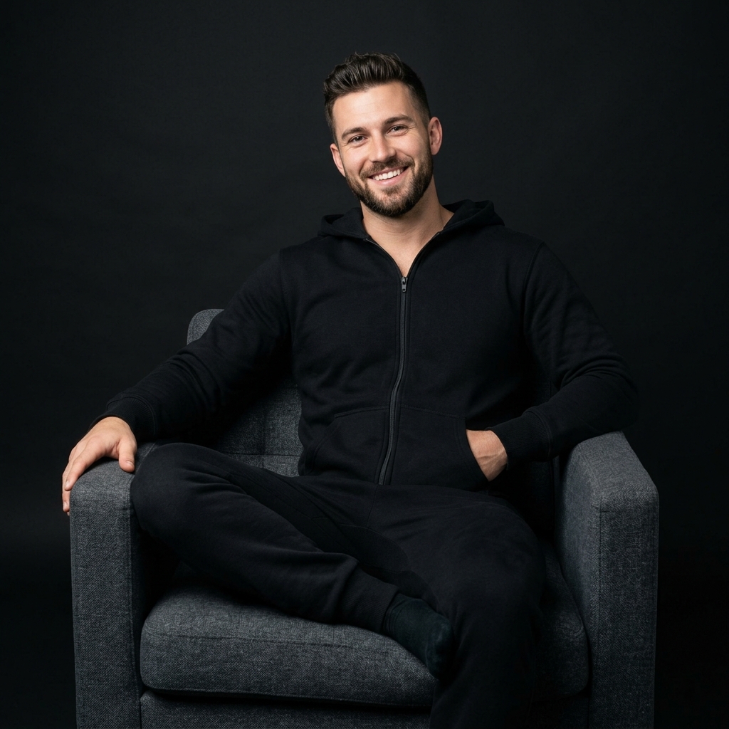 Man in a onesie sitting on armchair